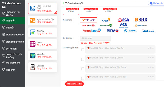 Hướng dẫn cách nạp tiền vào Sv368 - Sv368